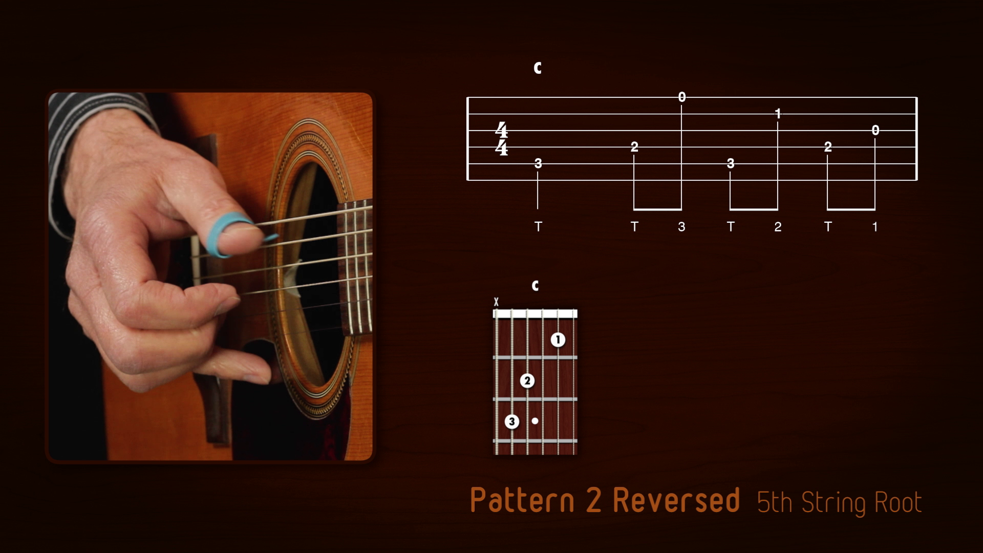 Taylor Carr Media, Training, Ray Bell FingerStyle Guitar Practice Pattern, Portfolio Image, Lesson 9 Pattern Reversed at 60 bpm