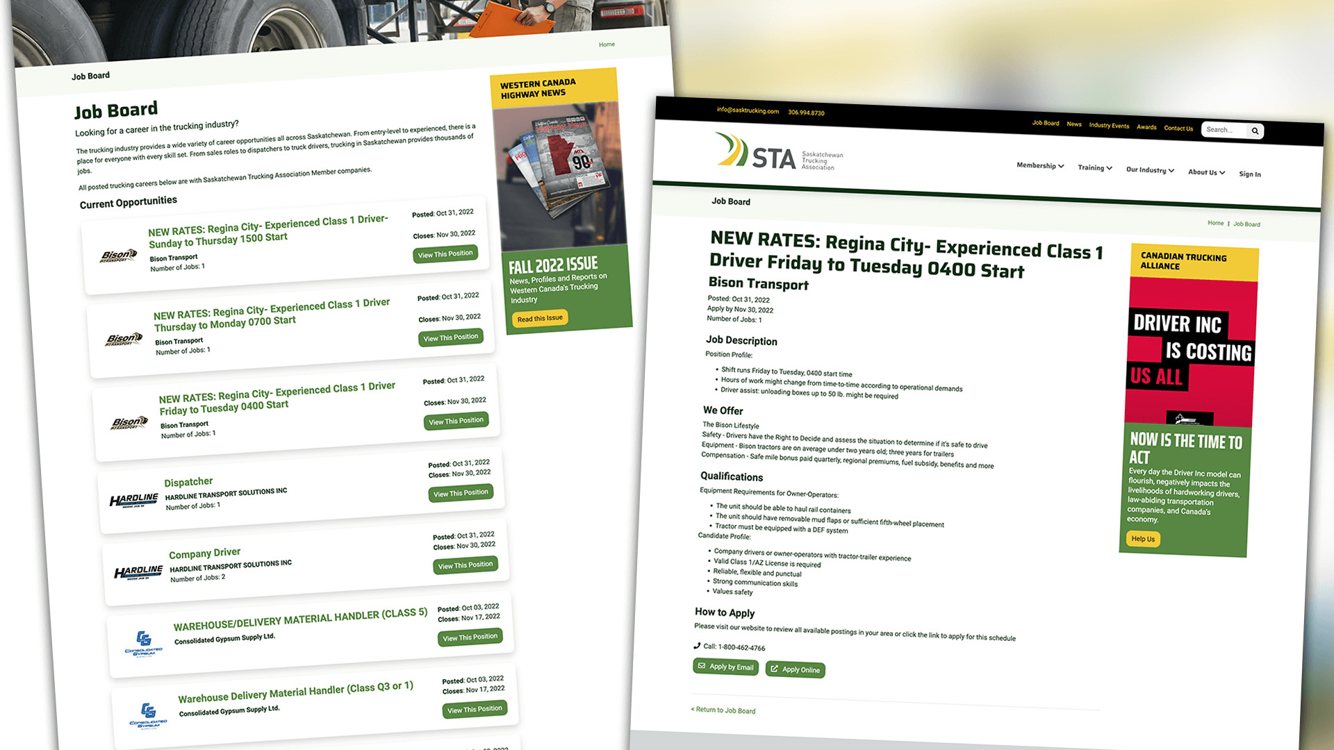 Saskatchewan Trucking Association, Web Apps, STA Industry Job Board Web App, Portfolio Image