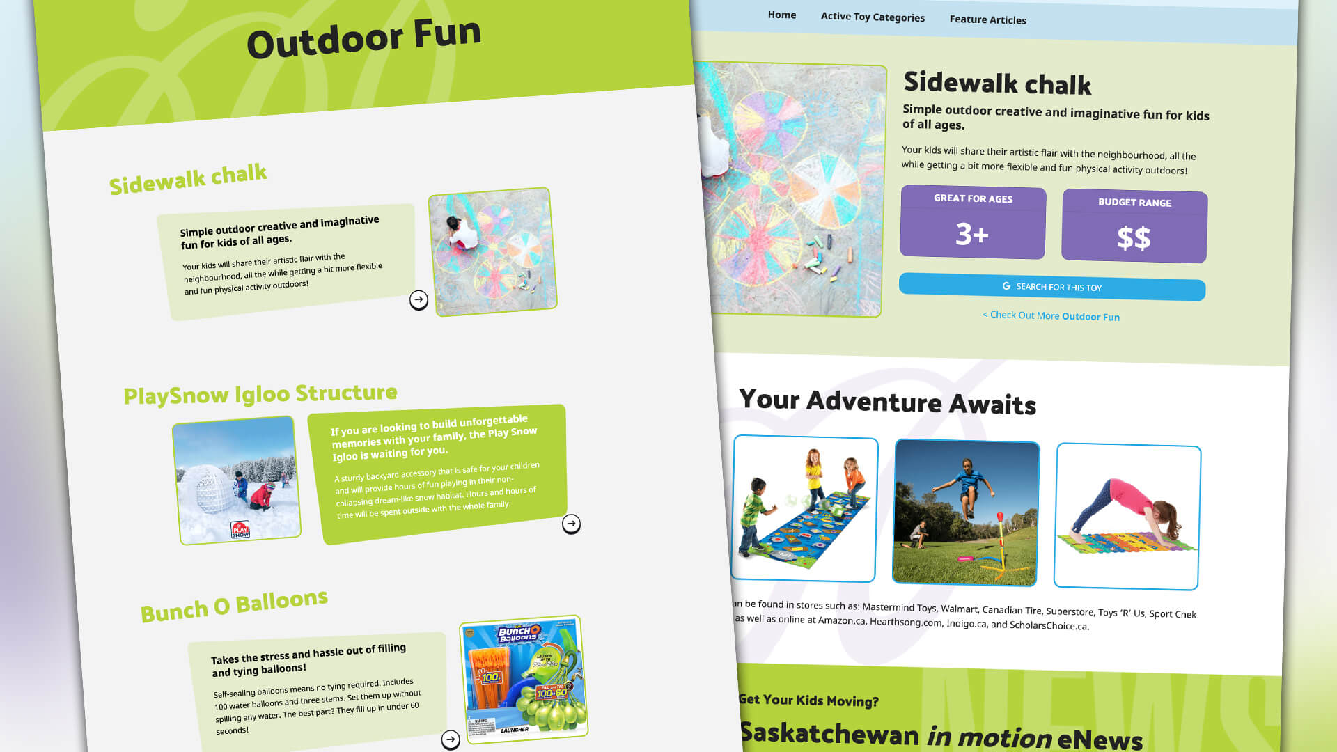 Saskatchewan in motion, Website, Active Toy Guide Website, Portfolio Image, 