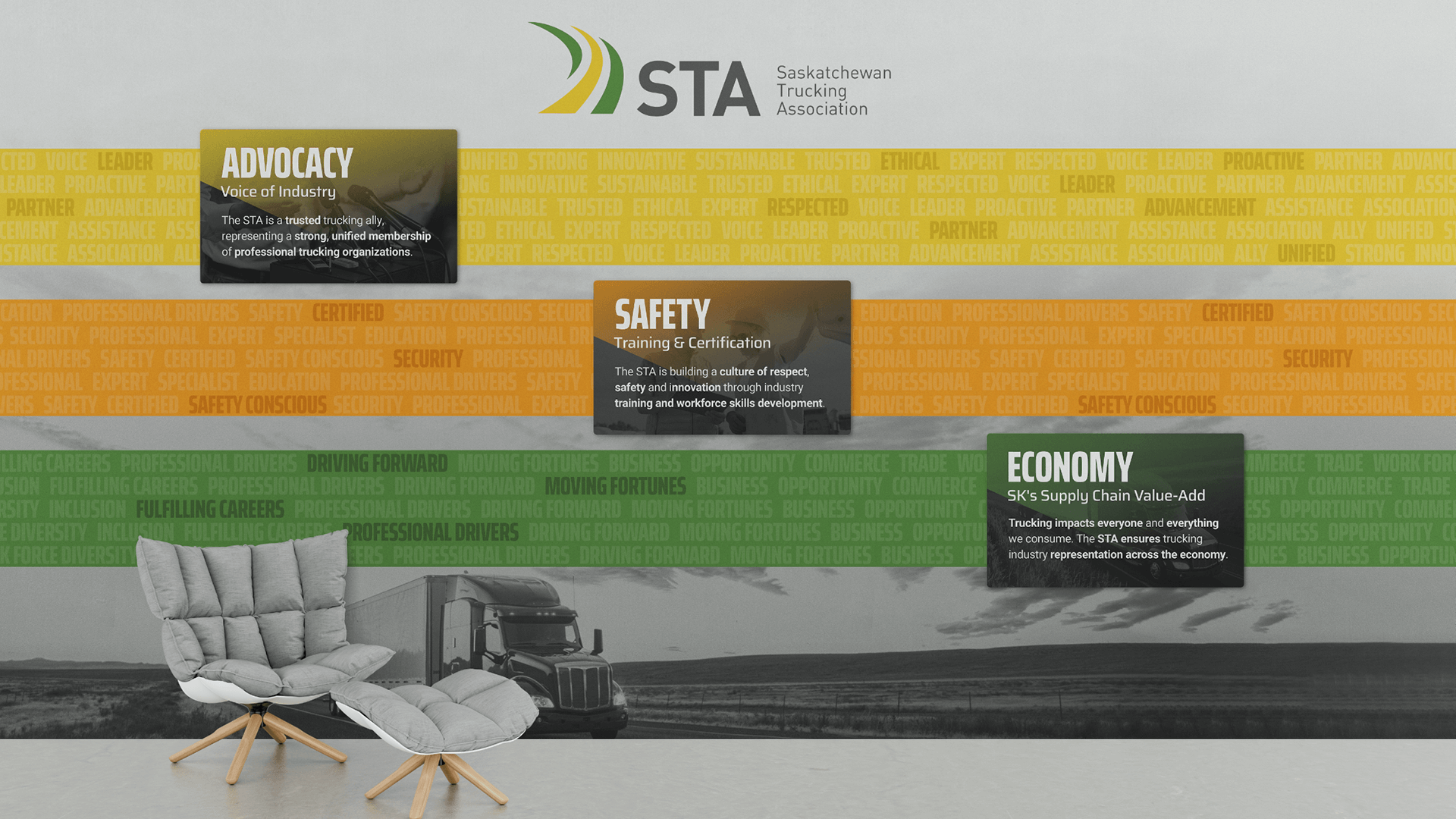 Saskatchewan Trucking Association, Signage, STA Mission Feature Wall, Portfolio Image